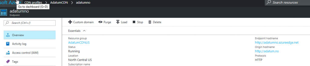 Azure CDN endpoint blade