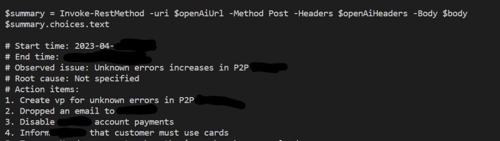 Output from the Azure OpenAI PowerShell script